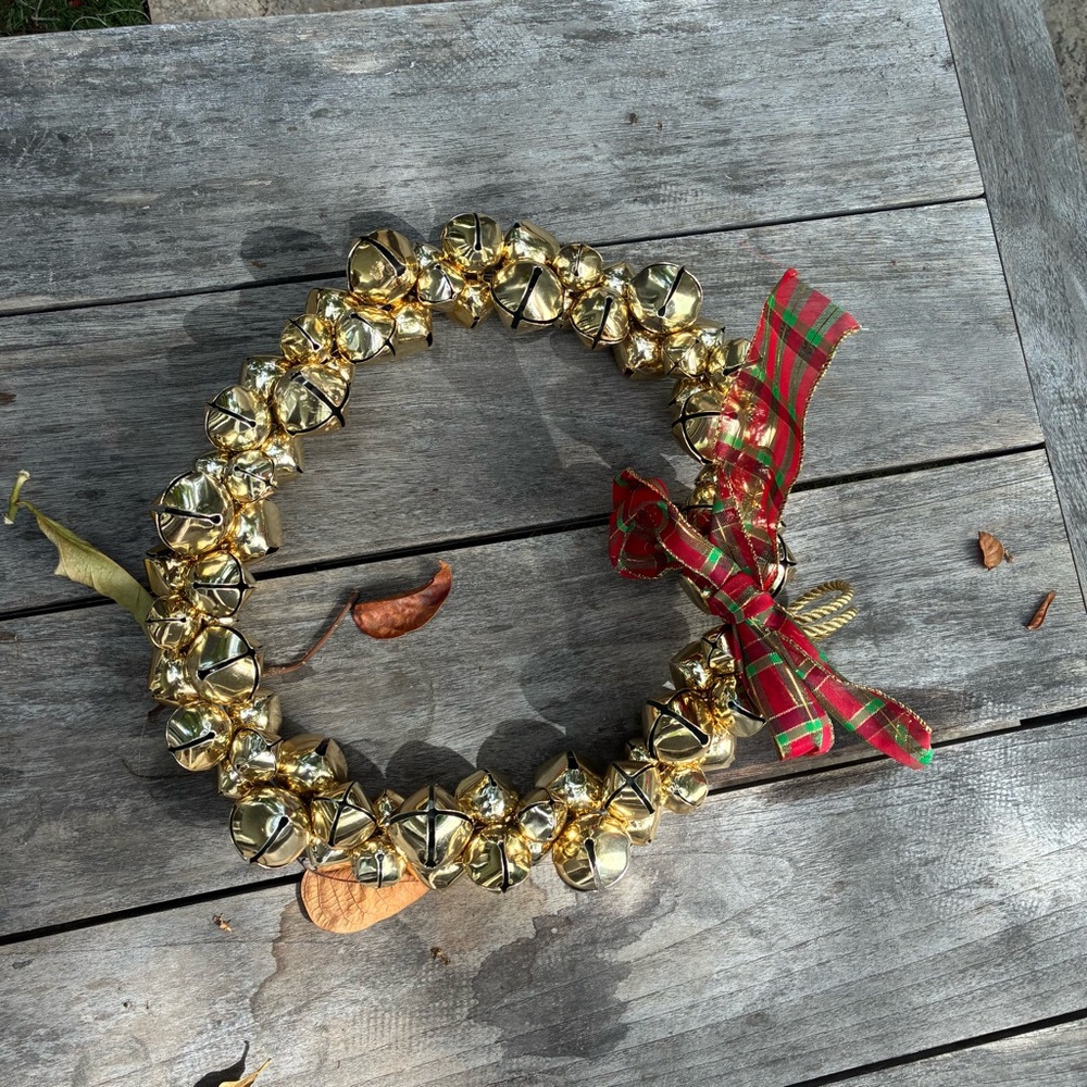 Festive Gold Bell Wreath with Red Plaid Ribbon